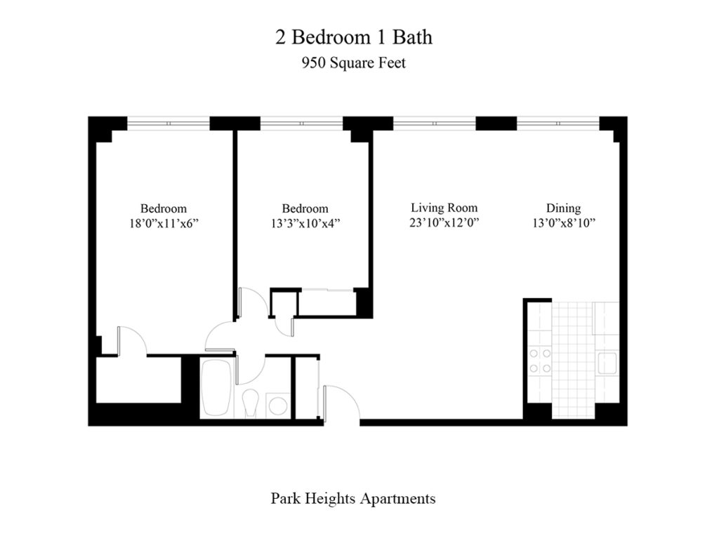 Two-bedroom, one-bathroom apartment floor plan at Park Heights Apartments in Germantown