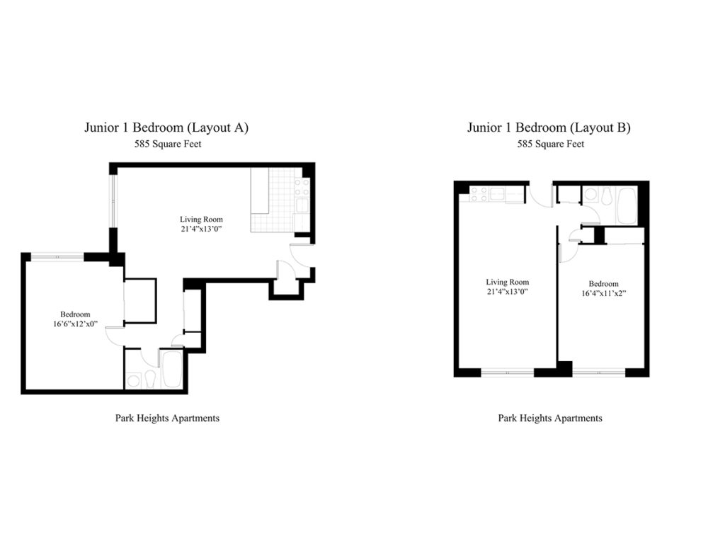 Junior one-bedroom apartment floor plan (layouts A and B) at Park Heights Apartments in Germantown