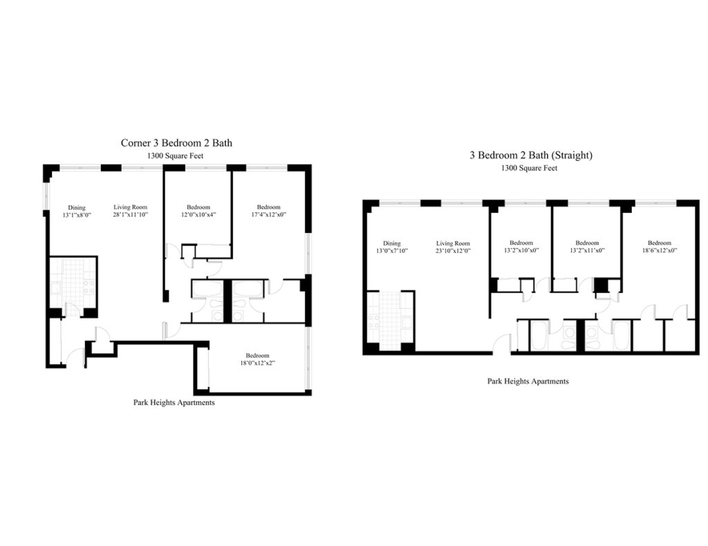 Corner three-bedroom, two-bathroom apartment floor plan at Park Heights Apartments in Germantown