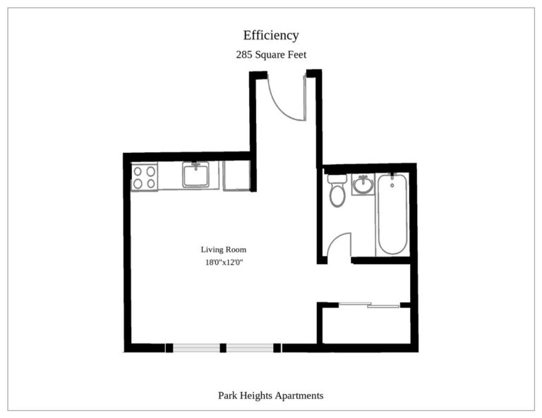 Efficiency apartment floor plan, 285 square feet, at Park Heights Apartments in Germantown
